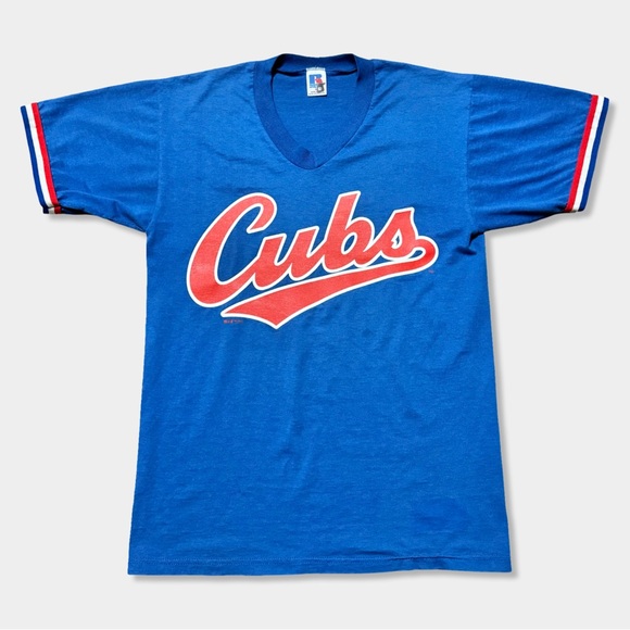 Vtg 80s Blue Red White Striped Chicago Cubs Baseball Team Jersey V-neck Tshirt M - Picture 1 of 9
